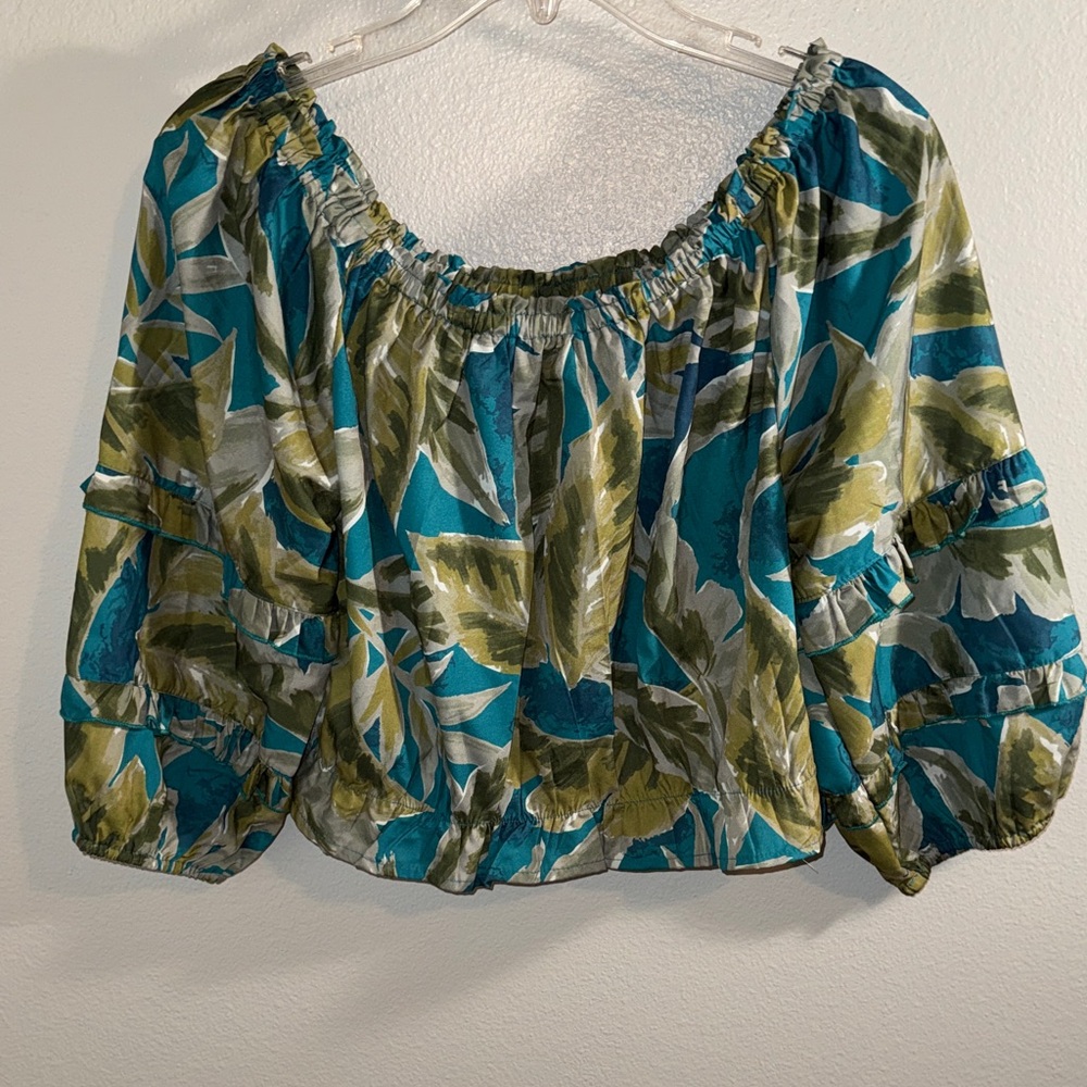 Rachel Zoe Teal and Olive Leaf Print Blouse